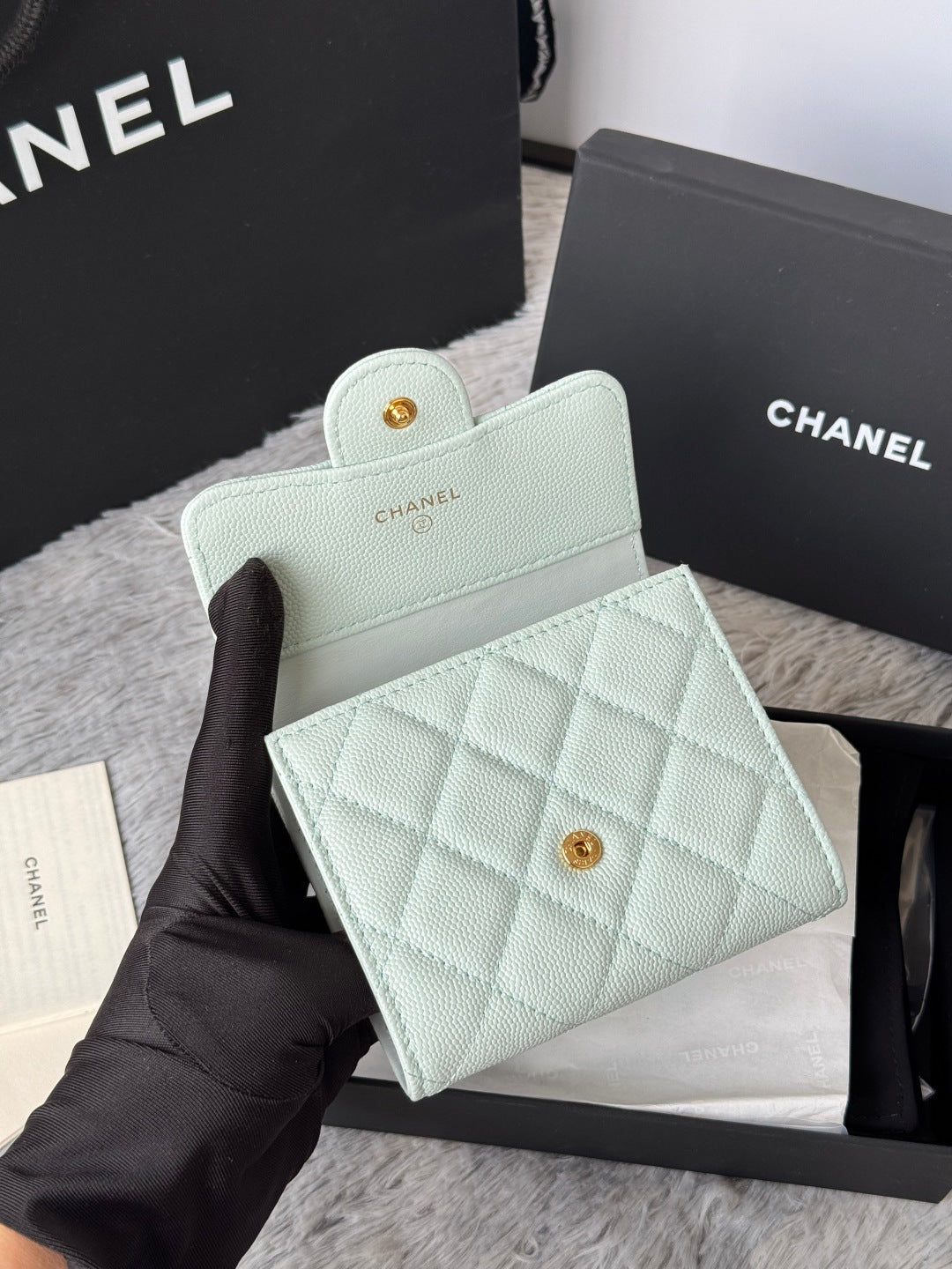 CHANEL 25S CF SMALL TRI FOLD WALLET 11 IN SOFT MINT CAVIAR GOLD HARDWARE