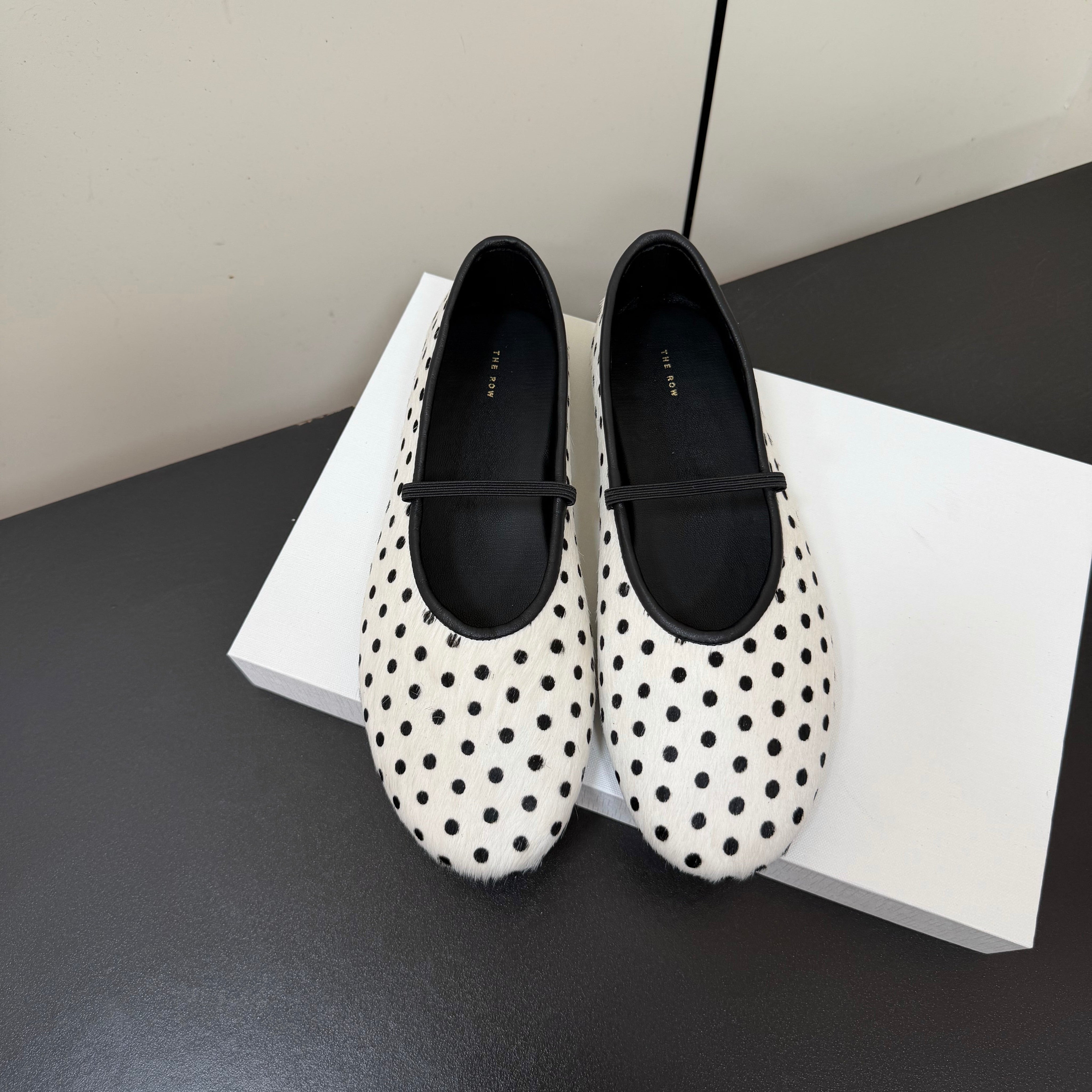 THE ROW 26S BALLET FLATS IN WHITE & BLACK MICRO POLKA DOT CALF HAIR CALFSKIN