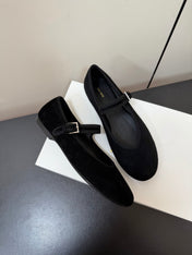 THE ROW 26S MARY JANE BALLET FLATS IN BLACK SUEDE WITH SILVER HARDWARE