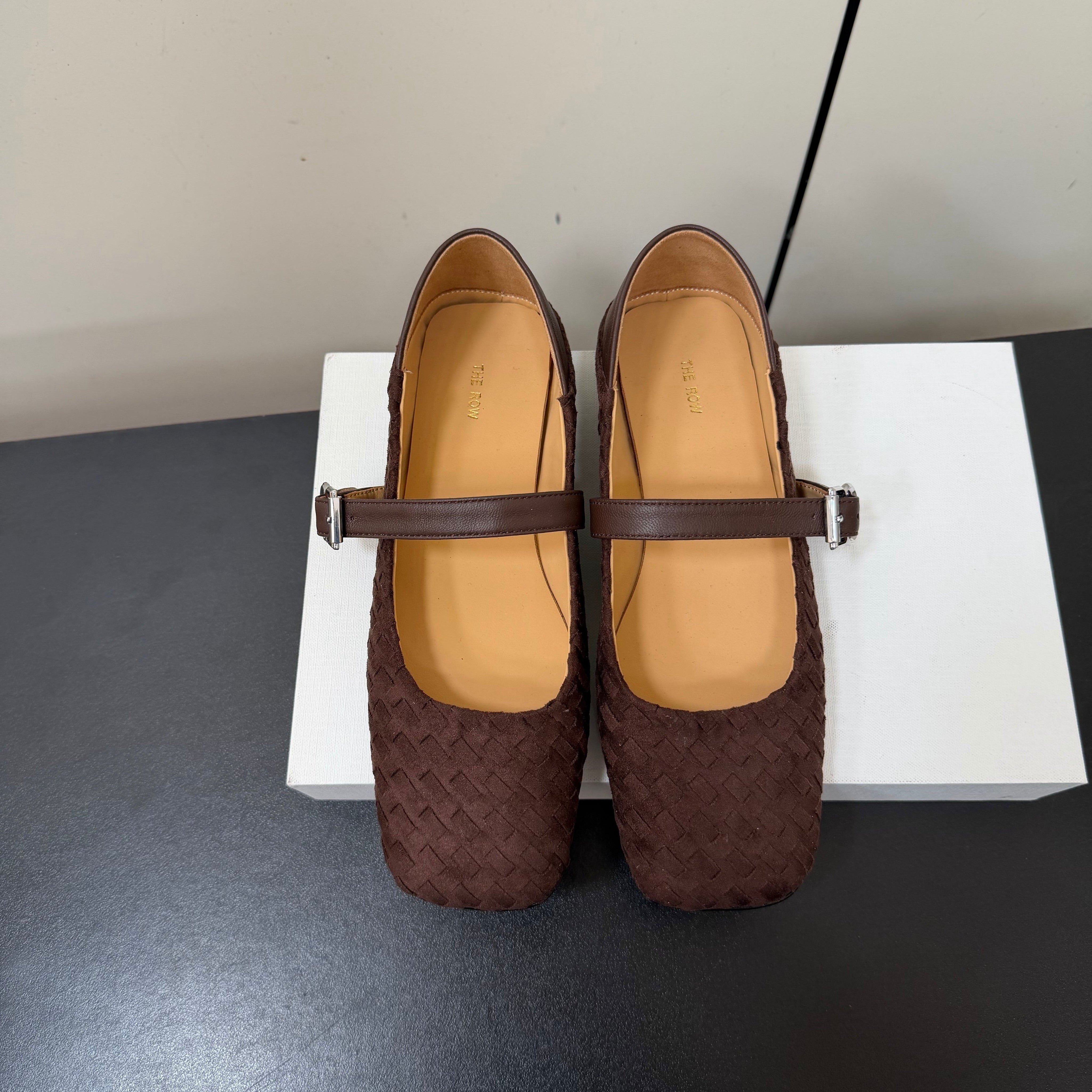 THE ROW 26S MARY JANE BALLET FLATS IN DARK BROWN SUEDE AND CALFSKIN