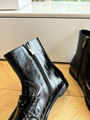 YSL 25S ANKLE FLAT BOOTS IN BLACK EMBOSSED LAMBSKIN WITH SIDE ZIPPER