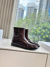 YSL 25S ANKLE FLAT BOOTS IN DEEP REDWOOD EMBOSSED LAMBSKIN WITH SIDE ZIPPER