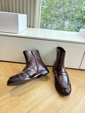 YSL 25S ANKLE FLAT BOOTS IN DEEP REDWOOD EMBOSSED LAMBSKIN WITH SIDE ZIPPER