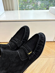 YSL 25S ANKLE FLAT BOOTS IN BLACK SUEDE WITH SIDE ZIPPER