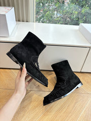 YSL 25S ANKLE FLAT BOOTS IN BLACK SUEDE WITH SIDE ZIPPER