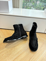 YSL 25S ANKLE FLAT BOOTS IN BLACK SUEDE WITH SIDE ZIPPER