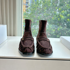 YSL 25S ANKLE FLAT BOOTS IN DARK CHOCOLATE BROWN SUEDE WITH SIDE ZIPPER