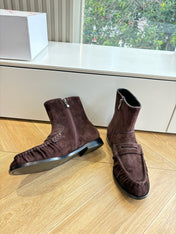 YSL 25S ANKLE FLAT BOOTS IN DARK CHOCOLATE BROWN SUEDE WITH SIDE ZIPPER