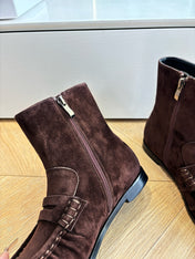 YSL 25S ANKLE FLAT BOOTS IN DARK CHOCOLATE BROWN SUEDE WITH SIDE ZIPPER