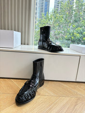 YSL 25S ANKLE FLAT BOOTS IN BLACK EMBOSSED LAMBSKIN WITH SIDE ZIPPER