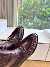 YSL 25S ANKLE FLAT BOOTS IN DEEP REDWOOD EMBOSSED LAMBSKIN WITH SIDE ZIPPER