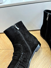 YSL 25S ANKLE FLAT BOOTS IN BLACK SUEDE WITH SIDE ZIPPER