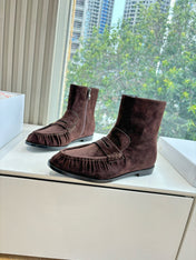 YSL 25S ANKLE FLAT BOOTS IN DARK CHOCOLATE BROWN SUEDE WITH SIDE ZIPPER