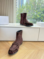 YSL 25S ANKLE FLAT BOOTS IN DARK CHOCOLATE BROWN SUEDE WITH SIDE ZIPPER