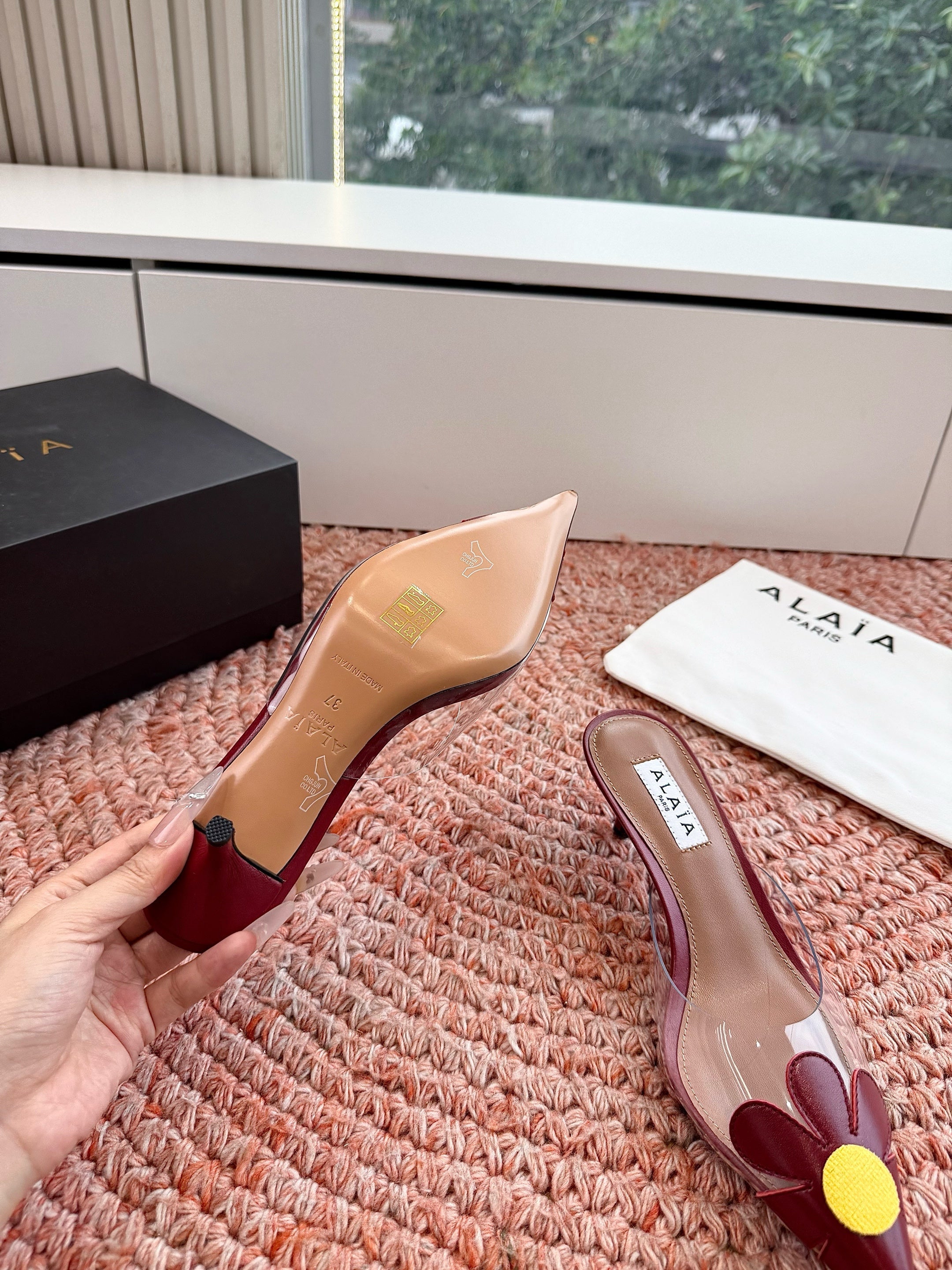 ALAIA 26S POINTED-TOE MULE HEELS IN DARK RED LAMBSKIN AND TRANSPARENT PVC
