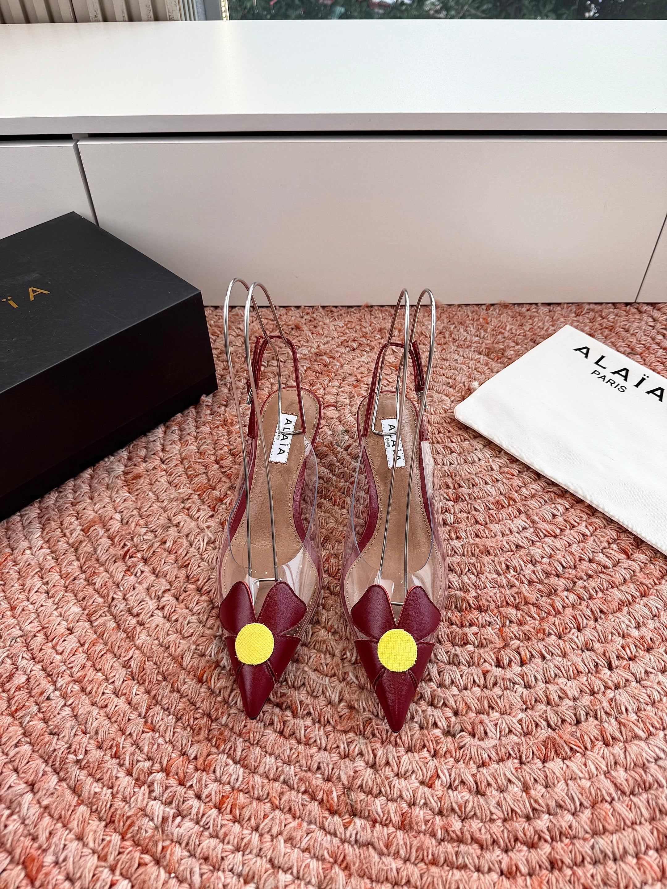 ALAIA 26S SLINGBACK HEELS IN DARK RED LAMBSKIN AND TRANSPARENT PVC