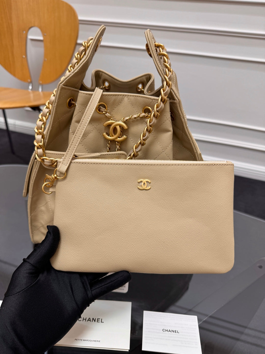 CHANEL 25S HOBO BAG 40 IN GOLDEN BEIGE CAVIAR WITH GOLD HARDWARE