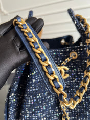 CHANEL 25S HOBO BAG 40 IN NAVY BLUE TWEED WITH GOLD HARDWARE