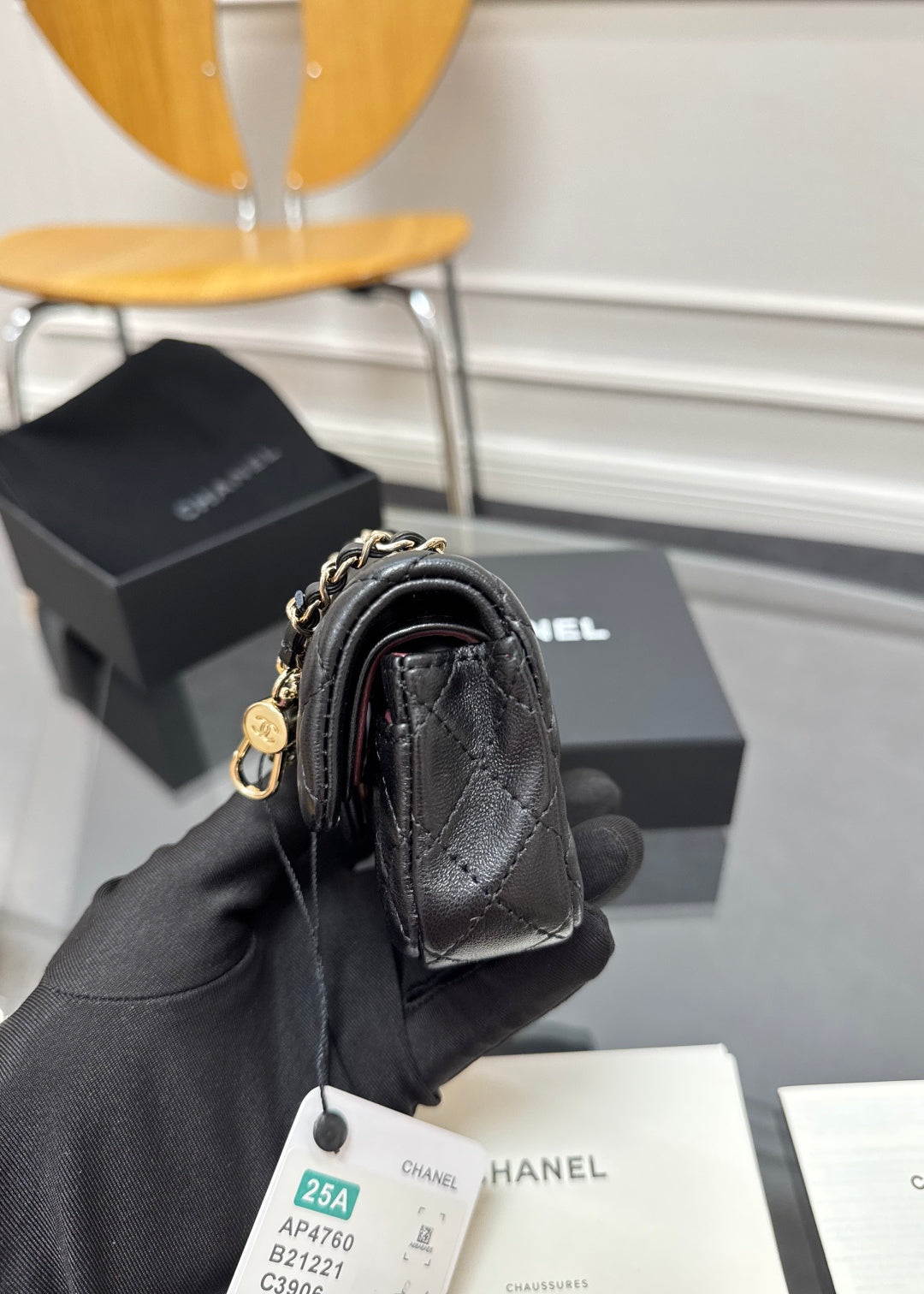 CHANEL 25S FLAP CHARM BAG 13 IN BLACK LAMBSKIN