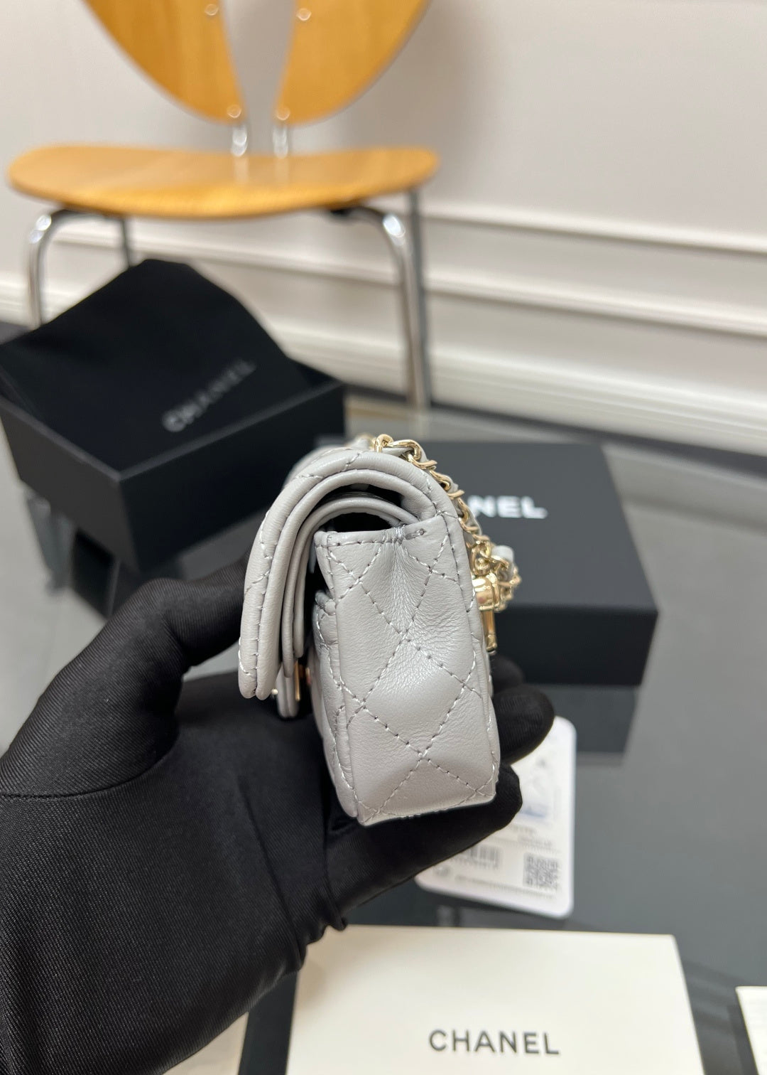 CHANEL 25S FLAP CHARM BAG 13 IN GREY LAMBSKIN