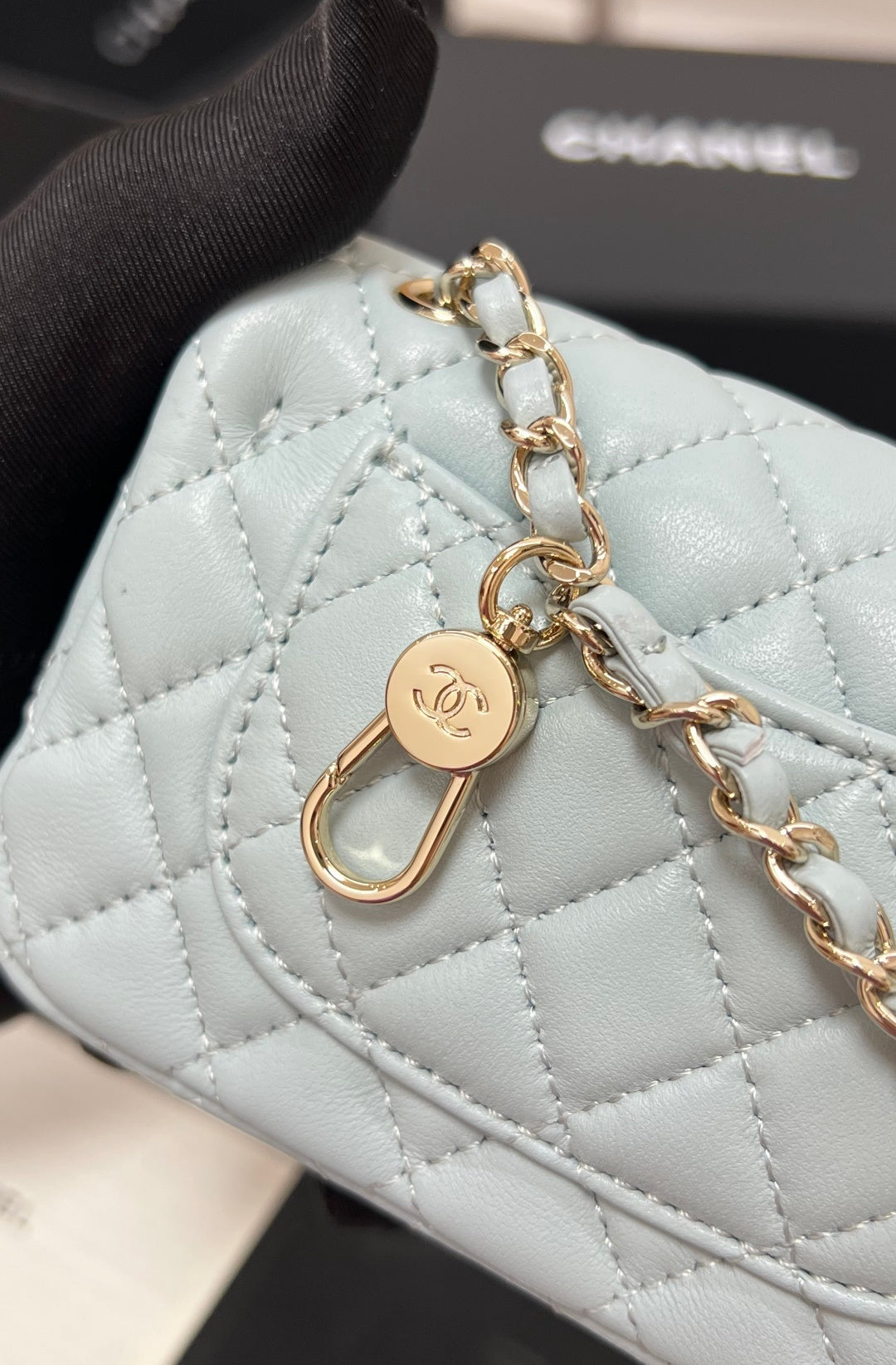 CHANEL 25S FLAP CHARM BAG 13 IN LIGHT BLUE LAMBSKIN