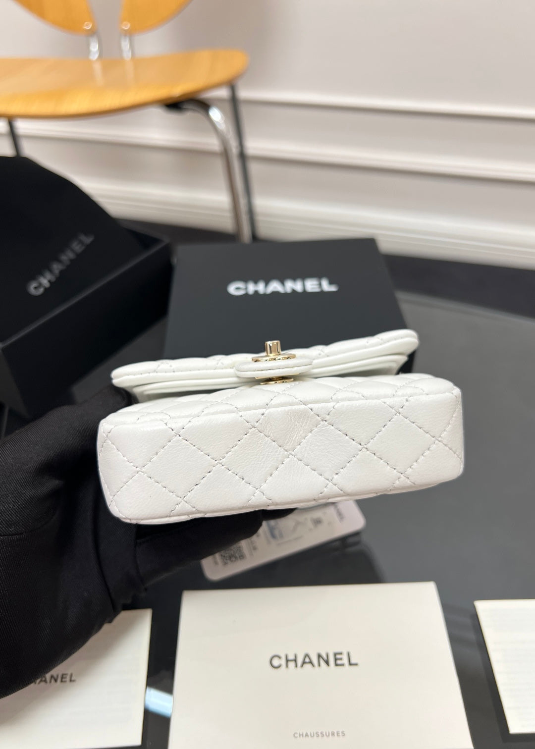 CHANEL 25S FLAP CHARM BAG 13 IN WHITE LAMBSKIN