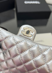 CHANEL 25S FLAP CHARM BAG 13 IN SILVER METALLIC LAMBSKIN