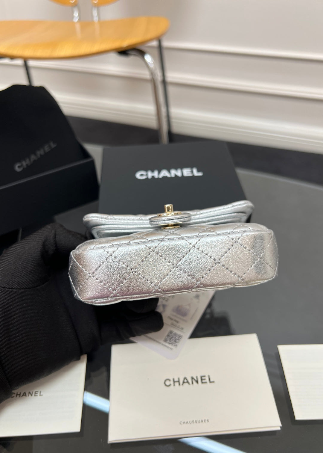 CHANEL 25S FLAP CHARM BAG 13 IN SILVER METALLIC LAMBSKIN