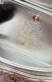 CHANEL 25S FLAP CHARM BAG 13 IN SILVER METALLIC LAMBSKIN