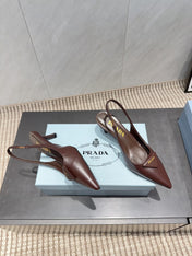 PRADA 26S POINTED TOE SLINGBACK HIGH HEELS 55MM IN DARK BROWN SHEEPSKIN WITH LOGO