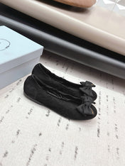 PRADA 26S ROUND TOE FLATS WITH BOW IN BLACK SUEDE