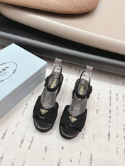 PRADA 26S HEELED SANDALS 75MM IN BLACK SUEDE WITH LOGO