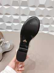 PRADA 26S HEELED SANDALS 75MM IN SILVER CALFSKIN WITH LOGO
