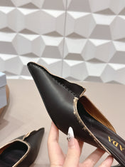 PRADA 26S POINTED TOE LACE TRIM MULES 55MM IN BLACK CALFSKIN