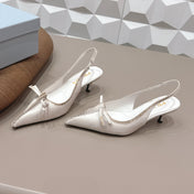 PRADA 26S POINTED TOE SLINGBACK HIGH HEELS 55MM IN CREAM WHITE CALFSKIN WITH BOW