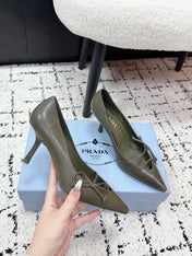 PRADA 26S POINTED-TOE HIGH HEELS 75MM IN OLIVE BROWN CALFSKIN
