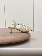 LOEWE 26S SQUARE TOE HEEL SANDALS 50MM IN GOLD CALFSKIN LOGO