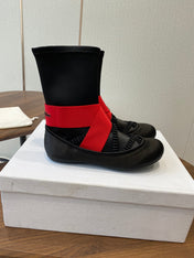DIOR 25S STRETCH BALLET BOOTS IN BLACK AND RED SATIN
