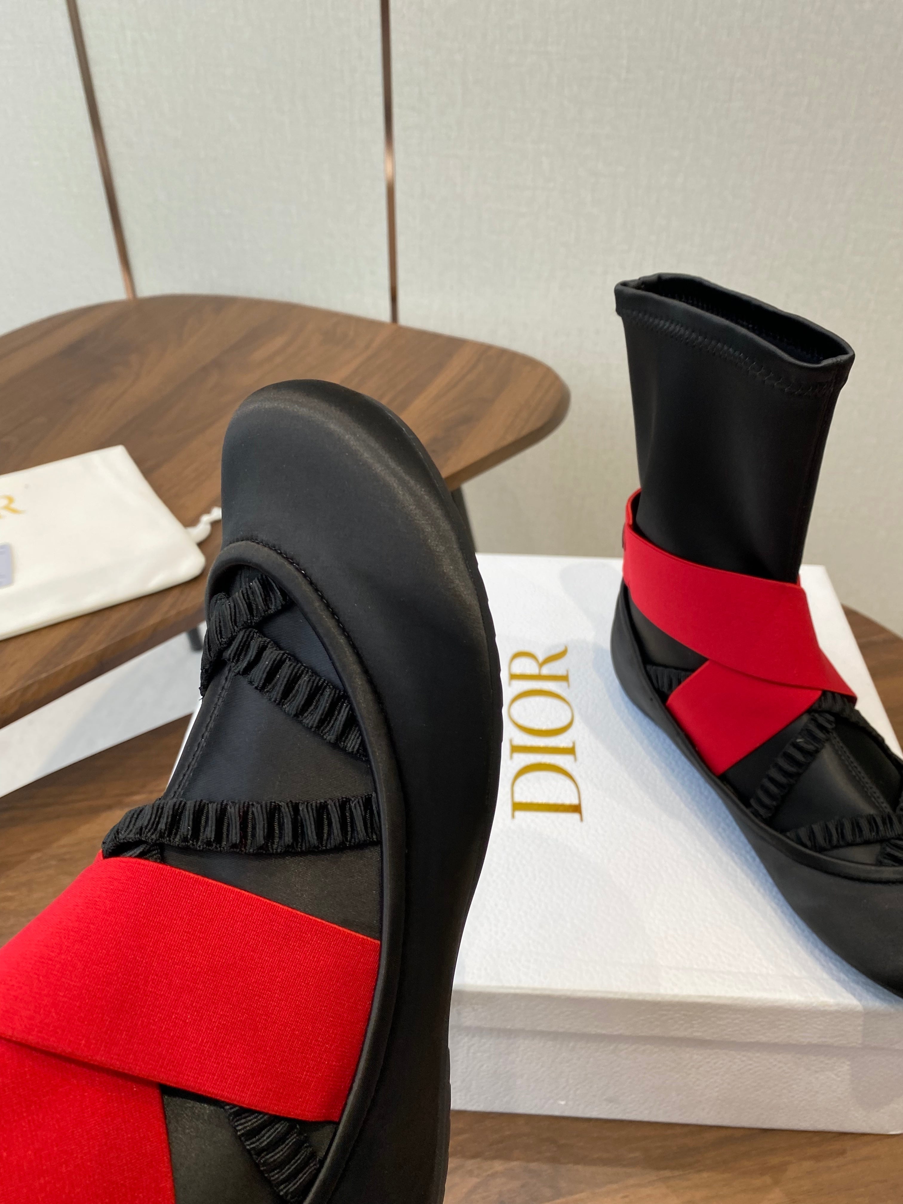 DIOR 25S STRETCH BALLET BOOTS IN BLACK AND RED SATIN