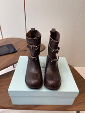 PRADA 25S TWO-BUTTON COWBOY BOOTS IN DARK BROWN CALFSKIN WITH SILVER HARDWARE