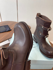 PRADA 25S TWO-BUTTON COWBOY BOOTS IN DARK BROWN CALFSKIN WITH SILVER HARDWARE