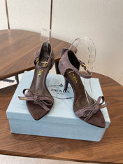 PRADA 26S HIGH HEEL SANDALS 85MM IN DARK BROWN SUEDE WITH BOW