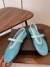 ALAIA 26S MESH FLATS IN BLUE SUEDE RHINESTONE-EMBELLISHED