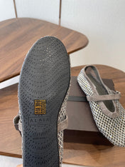 ALAIA 26S MESH FLATS IN BROWN GREY SUEDE RHINESTONE-EMBELLISHED