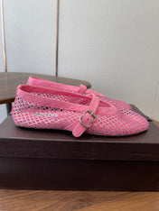 ALAIA 26S MESH FLATS IN PINK SUEDE RHINESTONE-EMBELLISHED