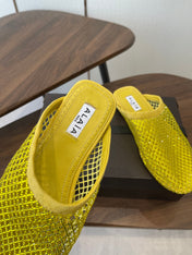 ALAIA 26S FLAT MULES IN DARK YELLOW SUEDE AND MESH RHINESTONE-EMBELLISHED
