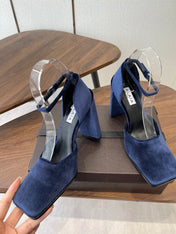 ALAIA 26S SQUARE-TOE HIGH HEELS 95 MM IN NAVY BLUE SUEDE