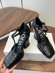 LOEWE 26S ONDA 90MM T-STRAP HIGH-HEEL SHOES IN BLACK EMBOSSED CROCODILE CALFSKIN