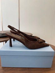 PRADA 26S SLINGBACK PUMPS 75MM IN DARK BROWN SUEDE WITH LOGO