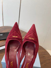 PRADA 26S SLINGBACK PUMPS 75MM IN BURGUNDY RED SUEDE WITH LOGO
